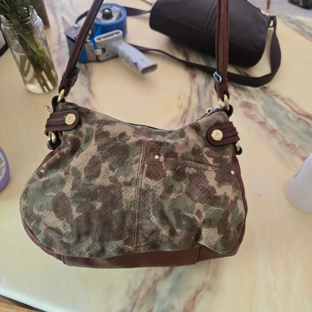 B. Makowsky Camo Print Leather Shoulder Bag Grunge Y2K Utility Hobo Pockets